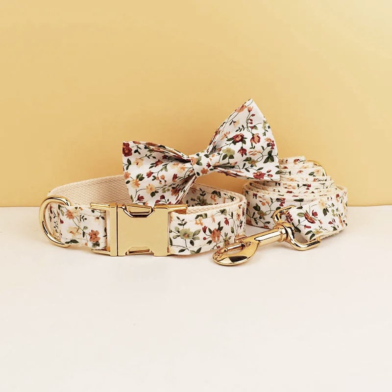 Personalised Dog Collar Leash Bowtie in White Floral Pattern, Flower Puppy Collar Bowtie, Handmade Dog Collar Leash Bowtie for Birthday Gift