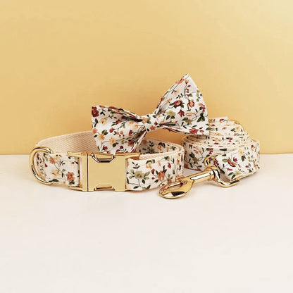 White Floral Personalised Dog Collar, Flower Puppy Collar Bowtie, Handmade Dog Collar Leash Bowtie for Birthday Gift