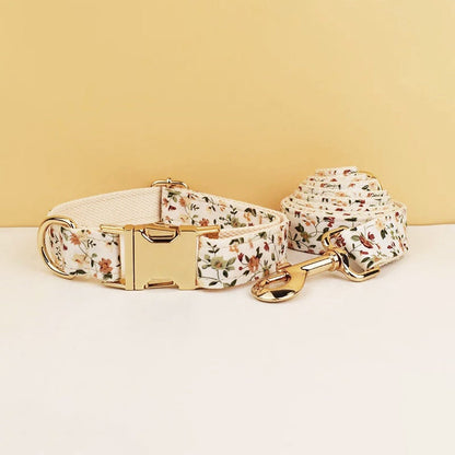 Personalised Dog Collar Leash Bowtie in White Floral Pattern, Flower Puppy Collar Bowtie, Handmade Dog Collar Leash Bowtie for Birthday Gift