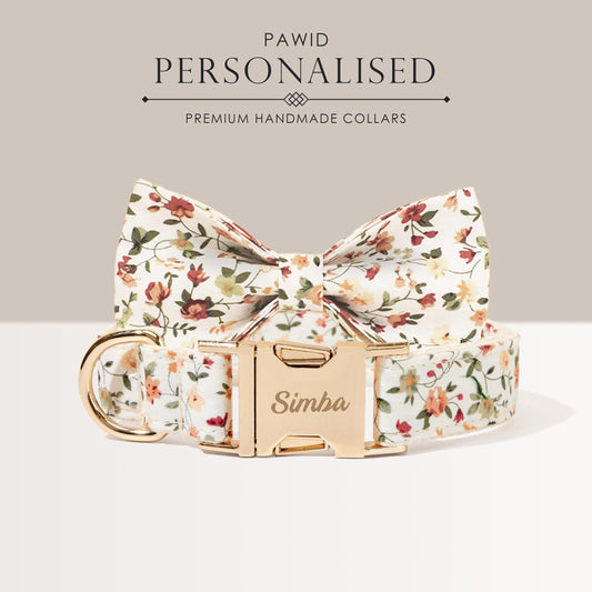 Personalised Dog Collar Leash Bowtie in White Floral Pattern, Flower Puppy Collar Bowtie, Handmade Dog Collar Leash Bowtie for Birthday Gift