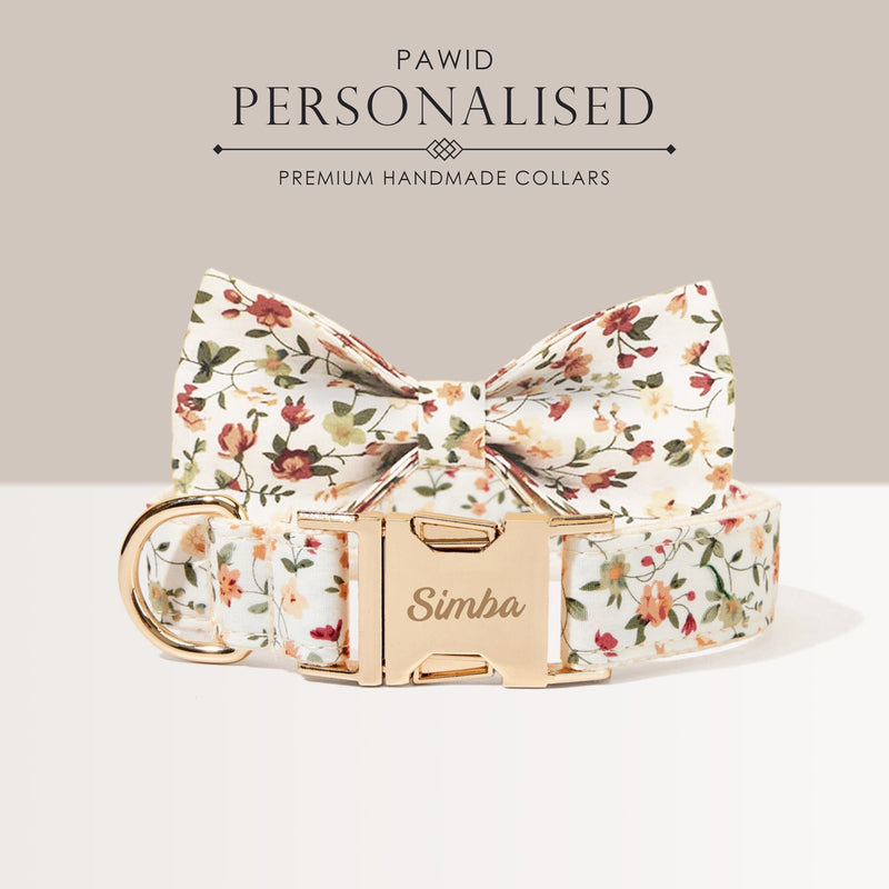 Personalized Dog Collar Leash Bowtie in White Floral Pattern, Flower Puppy Collar Bowtie, Handmade Dog Collar Leash Bowtie for Birthday Gift