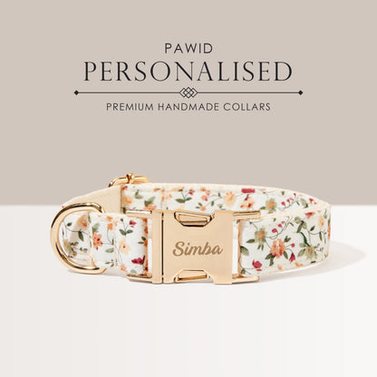 White Floral Personalised Dog Collar, Flower Puppy Collar Bowtie, Handmade Dog Collar Leash Bowtie for Birthday Gift