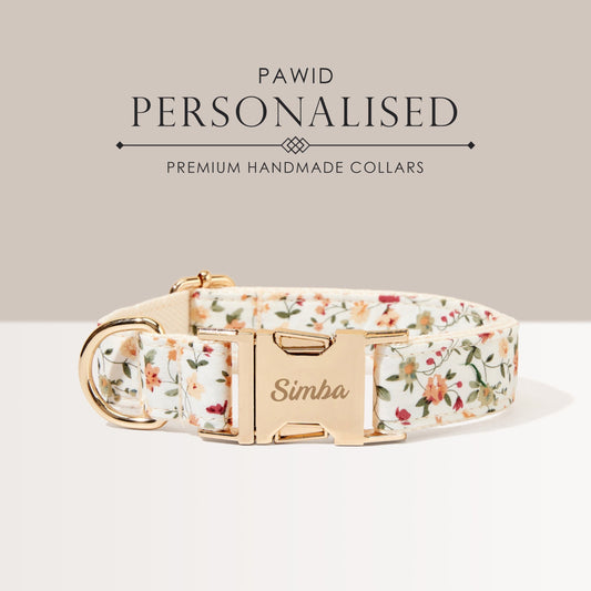 White Floral Personalised Dog Collar, Flower Puppy Collar Bowtie, Handmade Dog Collar Leash Bowtie for Birthday Gift