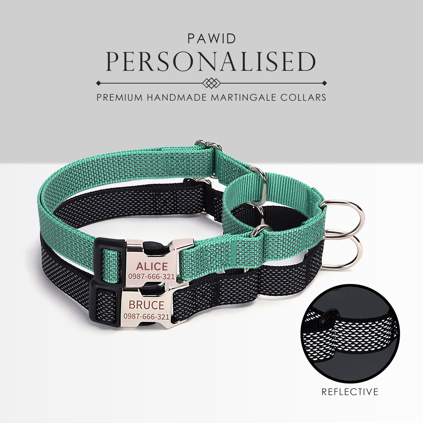 Personalised Martingale Dog Collar, Reflective Martingale or Flat Collar, Nylon Webbing Collar, Unisex Collar, Red, Black, Green, Pink