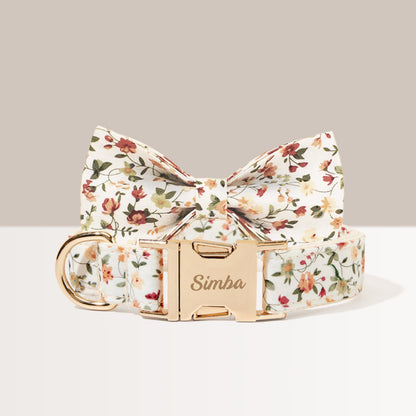 White Floral Personalised Dog Collar, Flower Puppy Collar Bowtie, Handmade Dog Collar Leash Bowtie for Birthday Gift