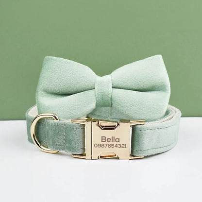 Sage Green Dog Collar Leash Bowtie, Personalised Puppy Collar Bowtie, Velvet Handmade Dog Collar Leash Bowtie for Birthday Gift