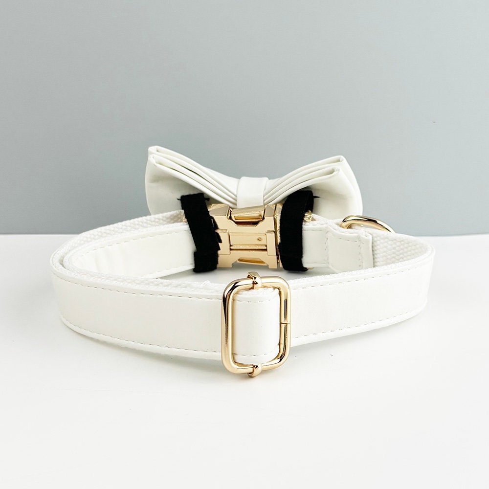 Leather Dog Collar, White PU Collar/Lead/Bowtie/Harness/Bag,Solid Dog Collar Leash Set, Engraved Metal Buckle,Easy Clean,Wedding Puppy Gift