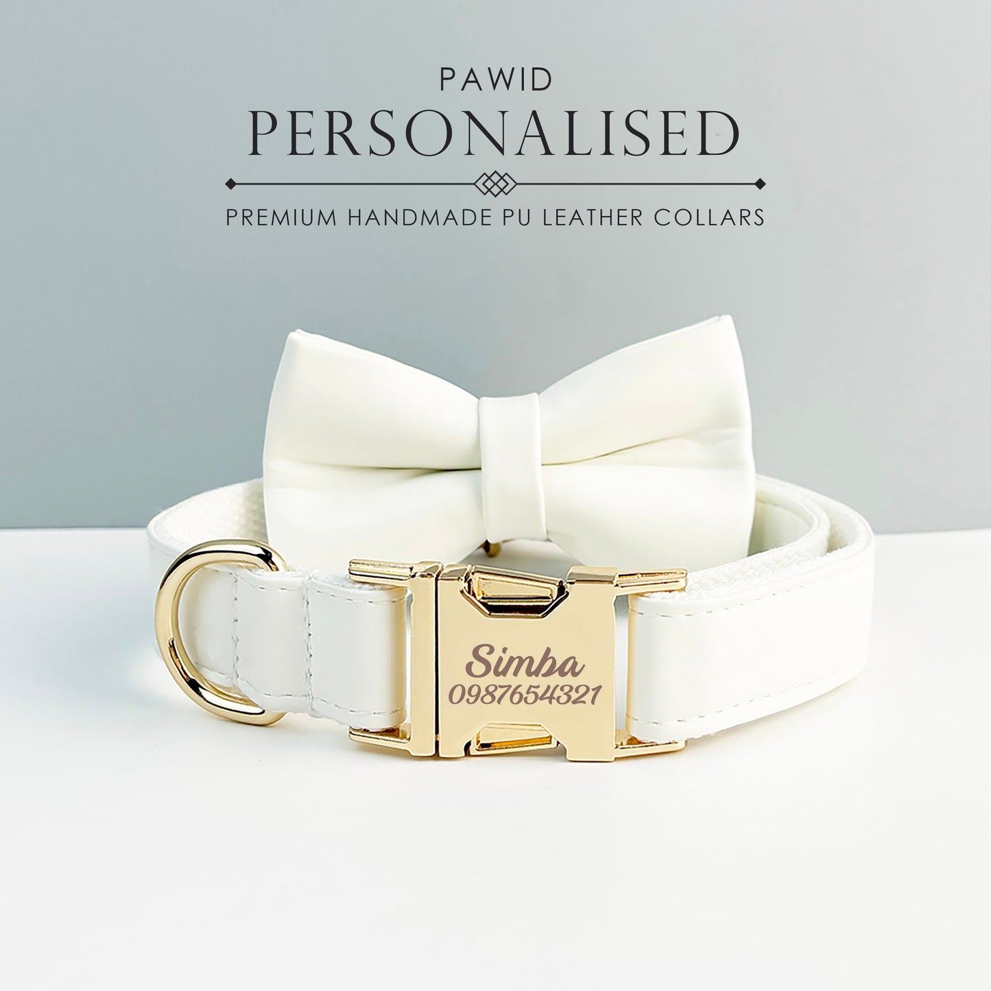 Leather Dog Collar, White PU Collar/Lead/Bowtie/Harness/Bag,Solid Dog Collar Leash Set, Engraved Metal Buckle,Easy Clean,Wedding Puppy Gift
