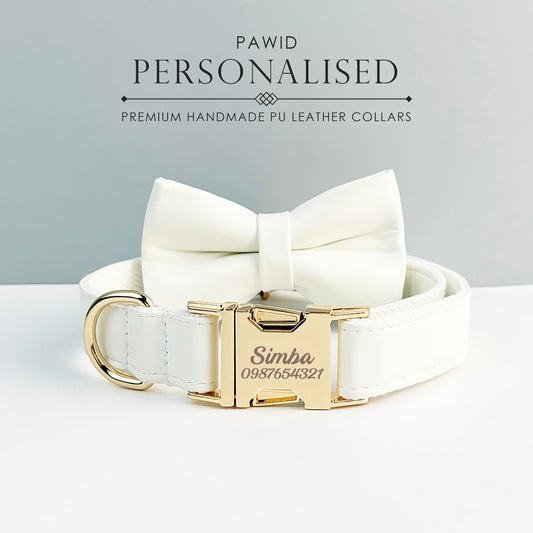 Leather Dog Collar, White PU Collar/Lead/Bowtie/Harness/Bag,Solid Dog Collar Leash Set, Engraved Metal Buckle,Easy Clean,Wedding Puppy Gift