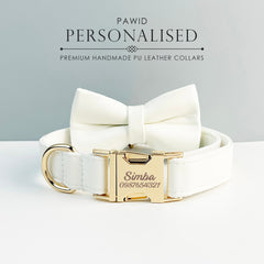 Leather Dog Collar, White PU Collar/Lead/Bowtie/Harness/Bag,Solid Dog Collar Leash Set, Engraved Metal Buckle,Easy Clean,Wedding Puppy Gift