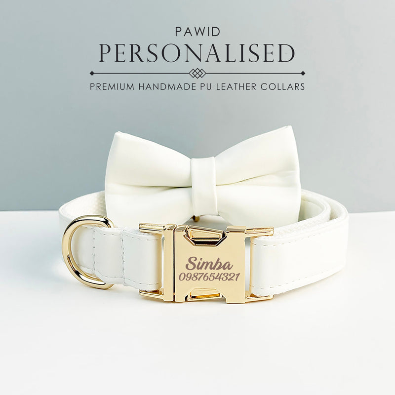 Leather Dog Collar, White PU Collar/Lead/Bowtie/Harness/Bag,Solid Dog Collar Leash Set, Engraved Metal Buckle,Easy Clean,Wedding Puppy Gift
