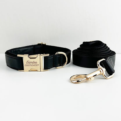 Leather Dog Collar, Black PU Collar/Lead/Bowtie/Harness/Bag,Solid Dog Collar Leash Set, Engraved Metal Buckle,Easy Clean,Wedding Puppy Gift