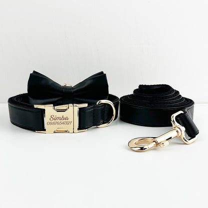 Leather Dog Collar, Black PU Collar/Lead/Bowtie/Harness/Bag,Solid Dog Collar Leash Set, Engraved Metal Buckle,Easy Clean,Wedding Puppy Gift