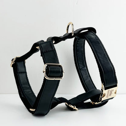 Leather Dog Collar, Black PU Collar/Lead/Bowtie/Harness/Bag,Solid Dog Collar Leash Set, Engraved Metal Buckle,Easy Clean,Wedding Puppy Gift