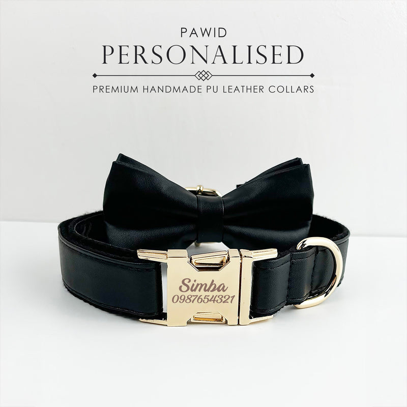 Leather Dog Collar, Black PU Collar/Lead/Bowtie/Harness/Bag,Solid Dog Collar Leash Set, Engraved Metal Buckle,Easy Clean,Wedding Puppy Gift