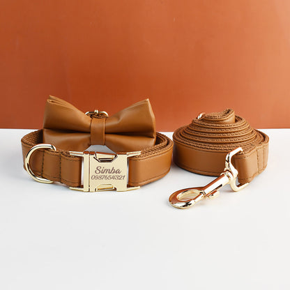 Brown PU Leather Dog Collar Leash Bowtie, Personalised Puppy Collar, Vegan Leather Dog Harness Poop Bag for Wedding Gift