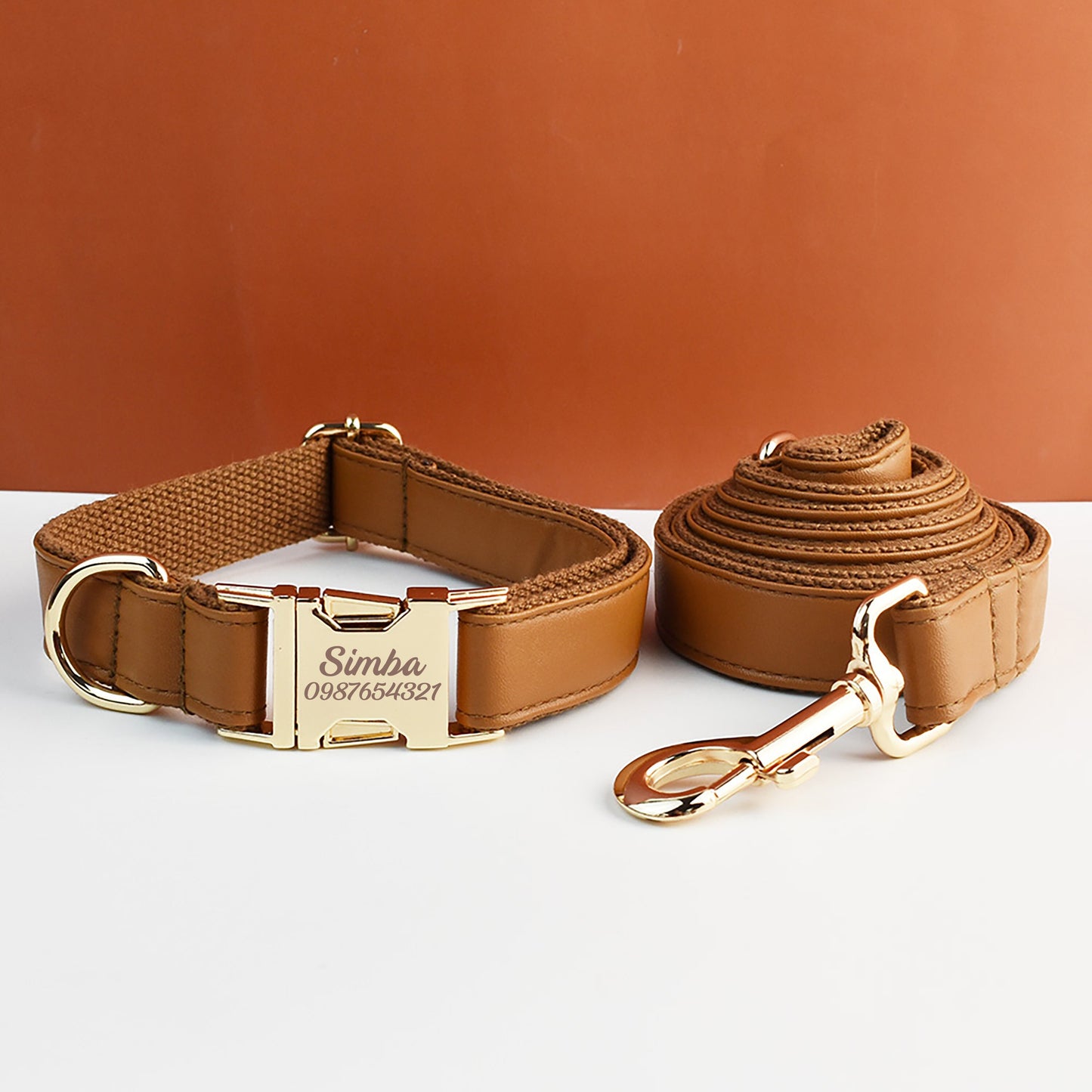 Brown PU Leather Dog Collar Leash Bowtie, Personalised Puppy Collar, Vegan Leather Dog Harness Poop Bag for Wedding Gift