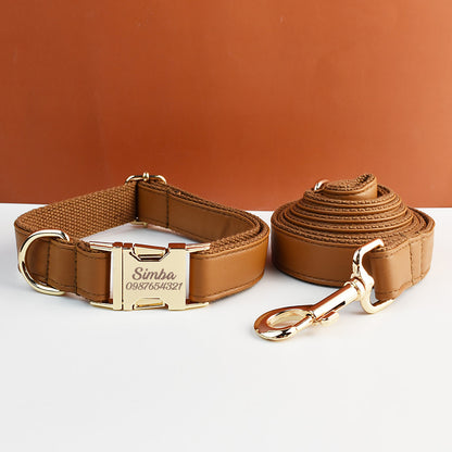 Brown PU Leather Dog Collar Leash Bowtie, Personalised Puppy Collar, Vegan Leather Dog Harness Poop Bag for Wedding Gift