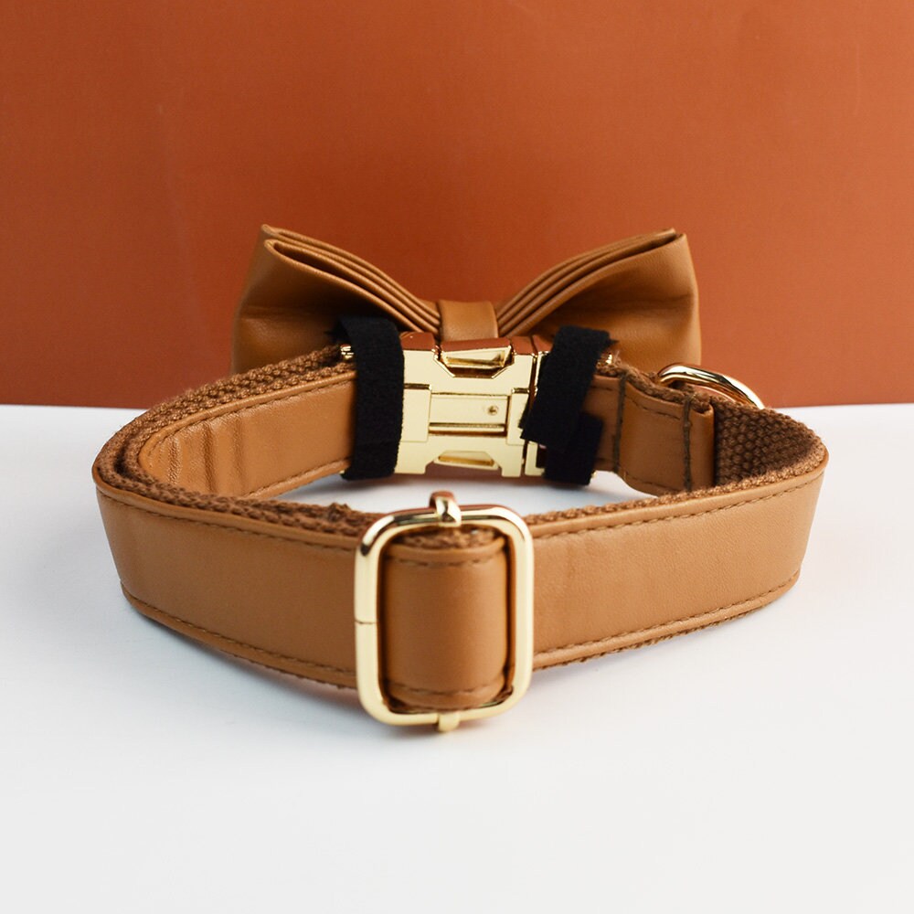 Brown PU Leather Dog Collar Leash Bowtie, Personalised Puppy Collar, Vegan Leather Dog Harness Poop Bag for Wedding Gift