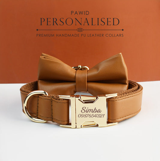 Brown PU Leather Dog Collar Leash Bowtie, Personalised Puppy Collar, Vegan Leather Dog Harness Poop Bag for Wedding Gift