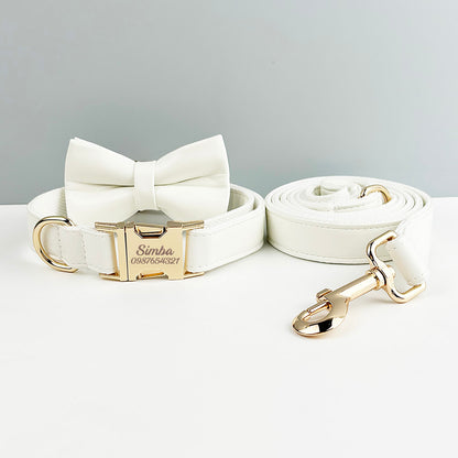Leather Dog Collar,PU Collar/Lead/Bowtie,Solid Dog Collar Leash Set Dust Pink+White+Blue+Red, Engraved Metal Buckle,Wedding Puppy Gift