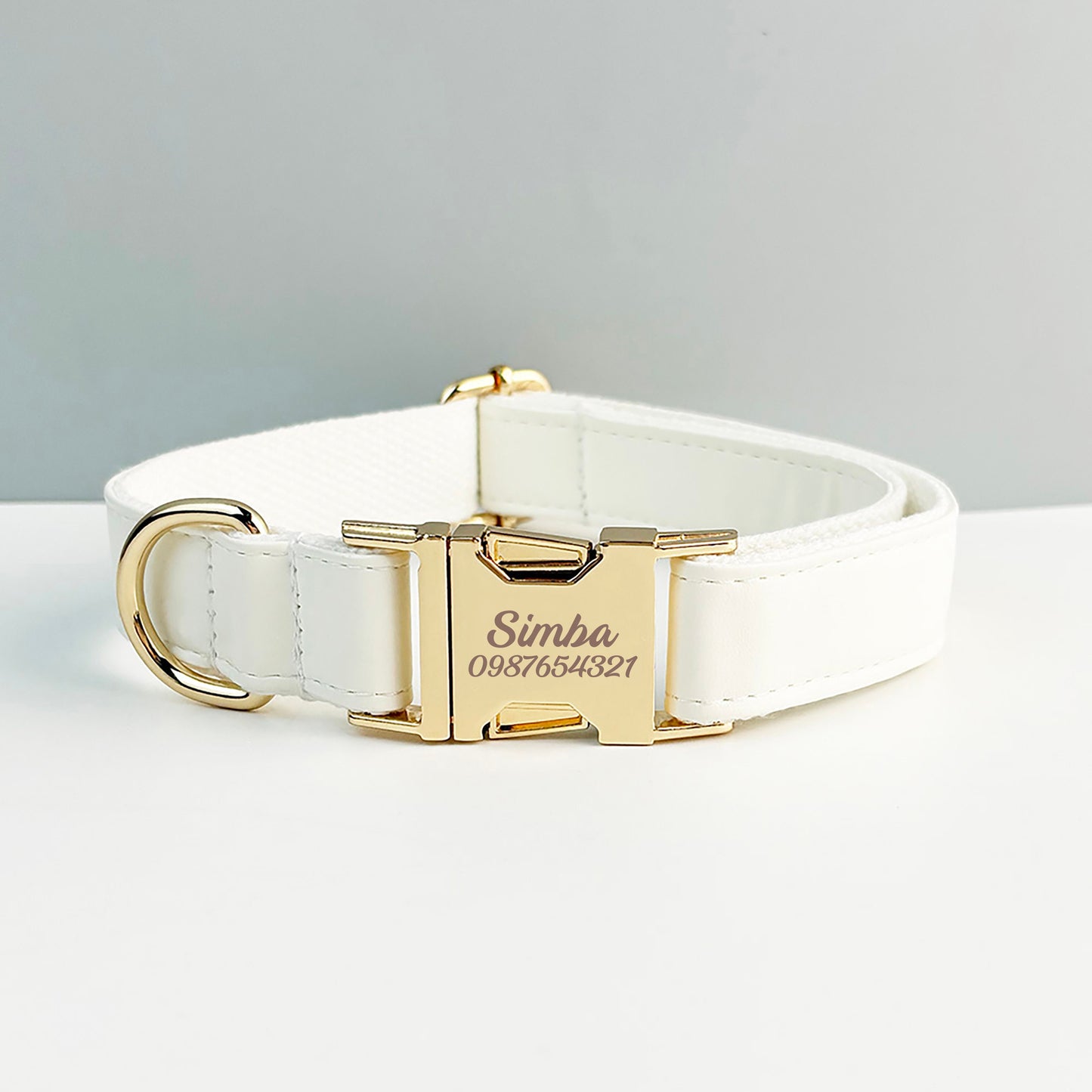 Leather Dog Harness, White PU Collar/Lead/Bowtie/Harness/Bag,Solid Dog Collar Leash Set, Engraved Metal Buckle,Easy Clean,Wedding Puppy Gift