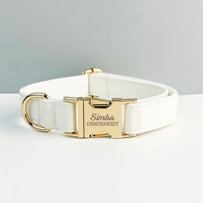 Leather Dog Harness, White PU Collar/Lead/Bowtie/Harness/Bag,Solid Dog Collar Leash Set, Engraved Metal Buckle,Easy Clean,Wedding Puppy Gift