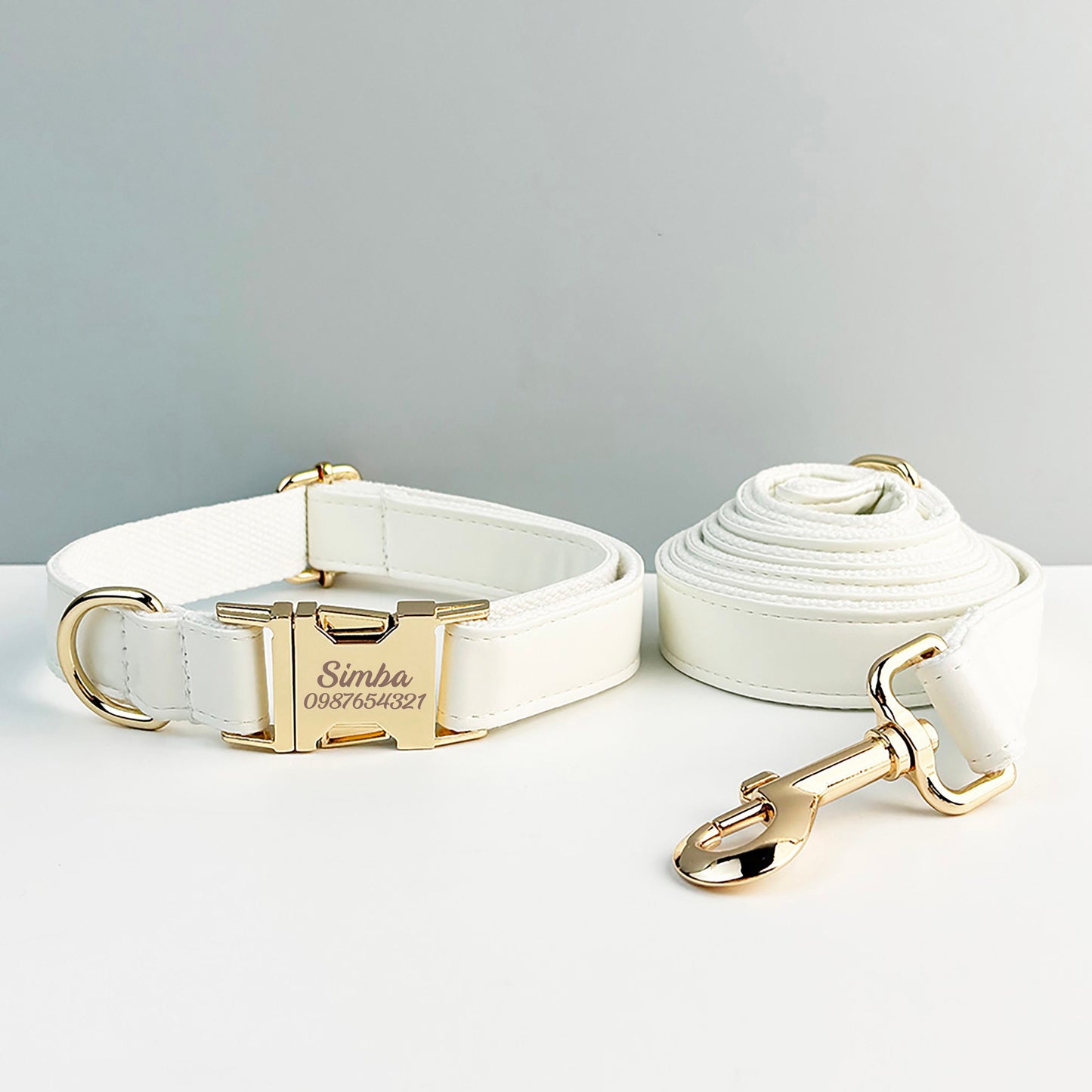 Leather Dog Harness, White PU Collar/Lead/Bowtie/Harness/Bag,Solid Dog Collar Leash Set, Engraved Metal Buckle,Easy Clean,Wedding Puppy Gift