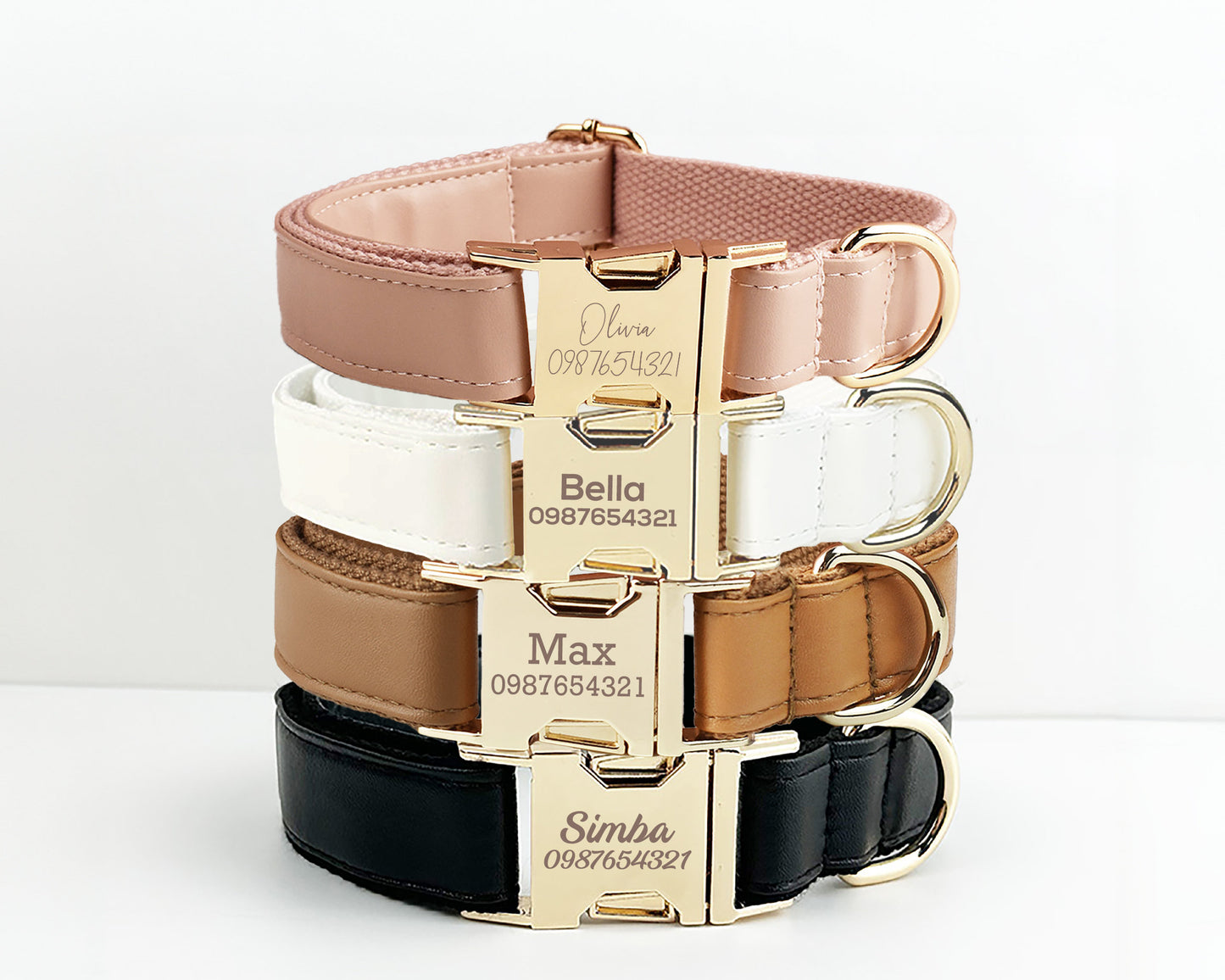 Leather Dog Collar,PU Collar/Lead/Bowtie,Solid Dog Collar Leash Set Dust Pink+White+Brown+Black, Engraved Metal Buckle,Wedding Puppy Gift