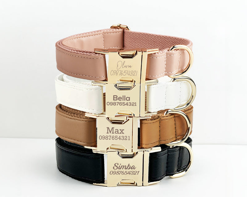 Leather Dog Collar,PU Collar/Lead/Bowtie,Solid Dog Collar Leash Set Dust Pink+White+Brown+Black, Engraved Metal Buckle,Wedding Puppy Gift