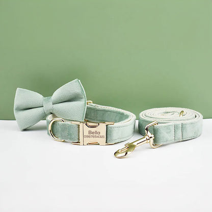 Sage Green Dog Collar Leash Bowtie, Personalised Puppy Collar Bowtie, Velvet Handmade Dog Collar Leash Bowtie for Birthday Gift