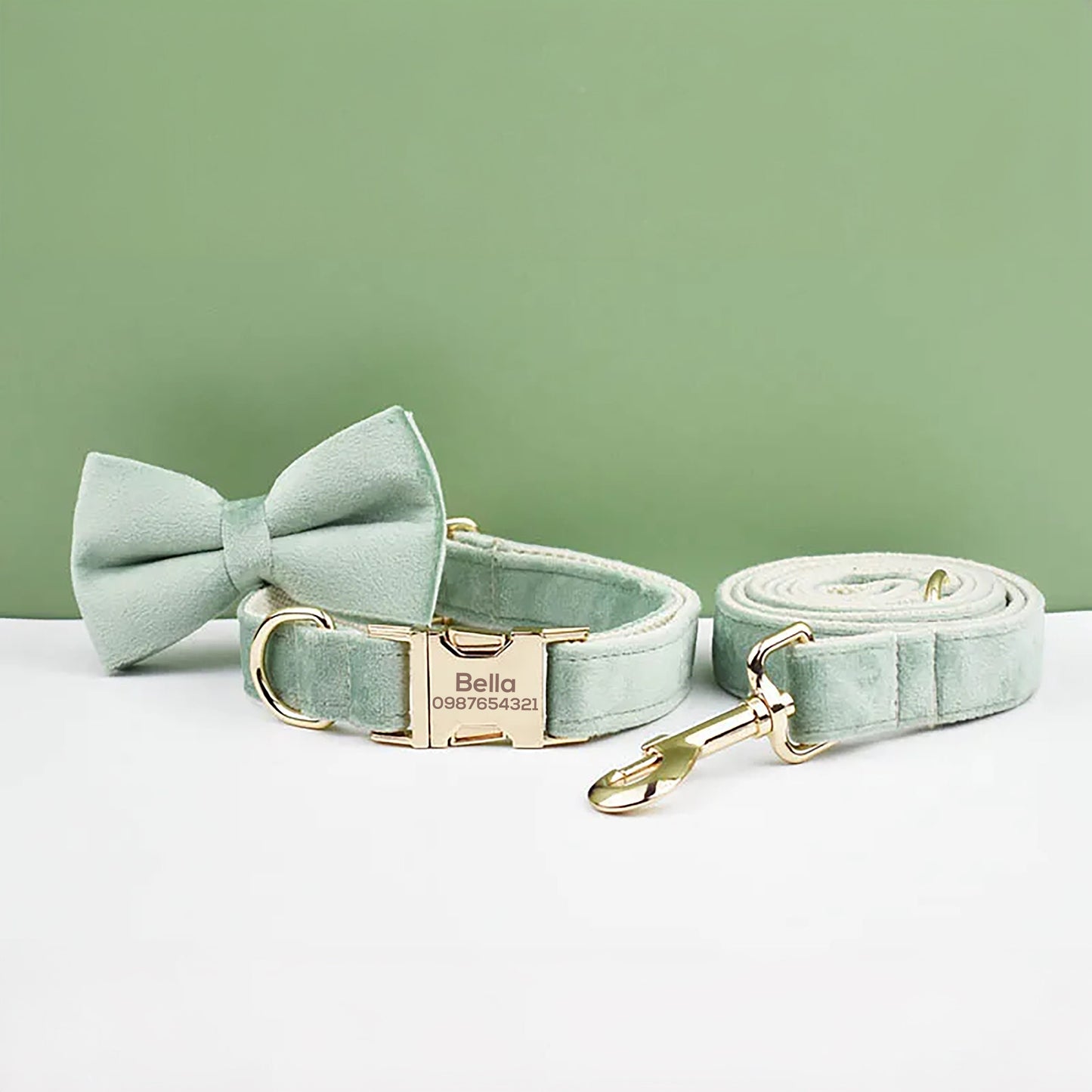 Personalised Dog Collar Leash Bowtie in Sage Green, Custom Puppy Collar Bowtie, Handmade Dog Collar Leash Bowtie for Birthday Gift