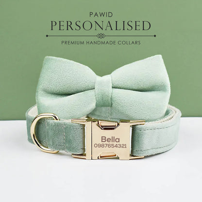 Sage Green Dog Collar Leash Bowtie, Personalised Puppy Collar Bowtie, Velvet Handmade Dog Collar Leash Bowtie for Birthday Gift