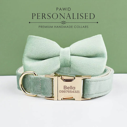 Sage Green Dog Collar Leash Bowtie, Personalised Puppy Collar Bowtie, Velvet Handmade Dog Collar Leash Bowtie for Birthday Gift