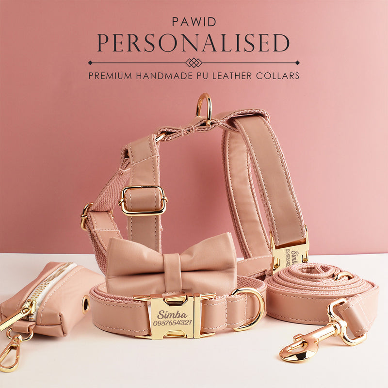 Leather Dog Harness, Pink PU Collar/Lead/Bowtie/Harness/Bag,Solid Dog Collar Leash Set, Engraved Metal Buckle,Easy Clean,Wedding Puppy Gift