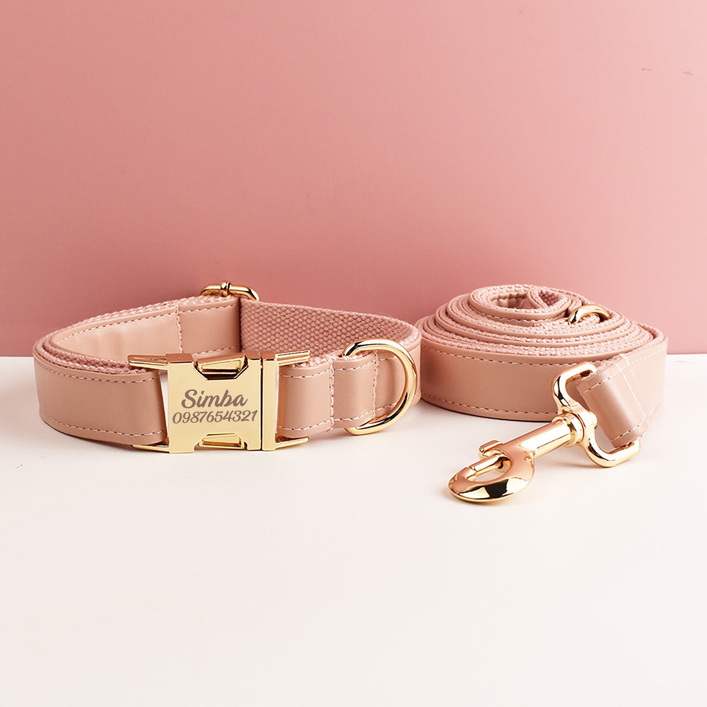 Leather Dog Harness, Pink PU Collar/Lead/Bowtie/Harness/Bag,Solid Dog Collar Leash Set, Engraved Metal Buckle,Easy Clean,Wedding Puppy Gift