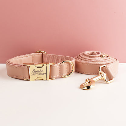 Leather Dog Harness, Pink PU Collar/Lead/Bowtie/Harness/Bag,Solid Dog Collar Leash Set, Engraved Metal Buckle,Easy Clean,Wedding Puppy Gift