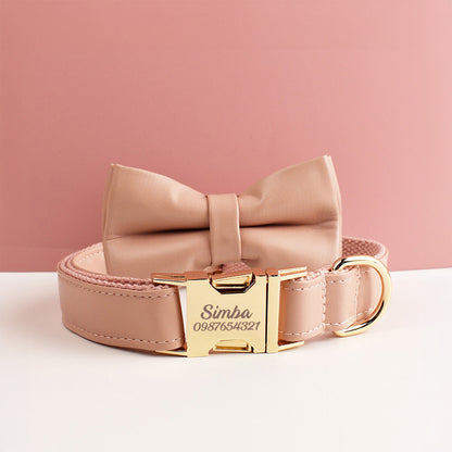 Leather Dog Harness, Pink PU Collar/Lead/Bowtie/Harness/Bag,Solid Dog Collar Leash Set, Engraved Metal Buckle,Easy Clean,Wedding Puppy Gift