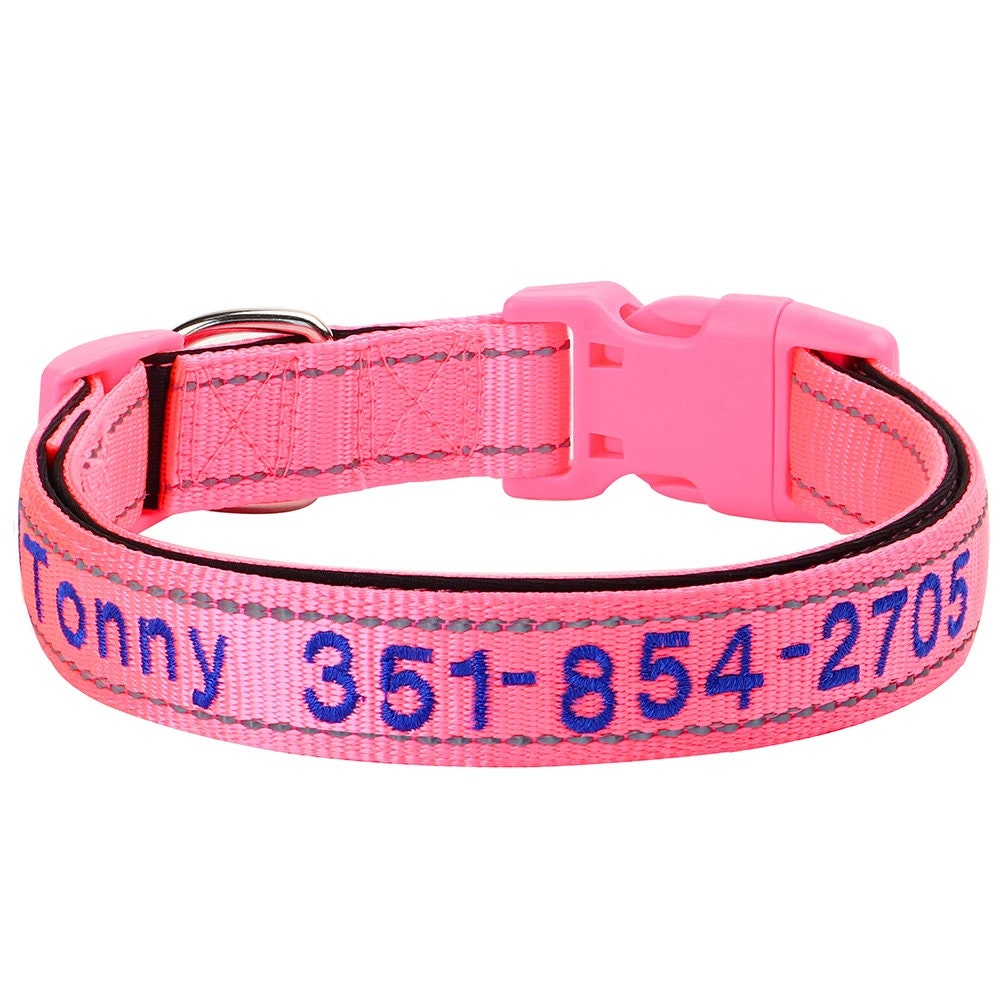 Personalised Reflective Dog Collar, Custom Embroidered Nylon Name for Small to Large Dog, Purple, Pink, Grey, Au, Us, Uk, Ca Fast Free Ship
