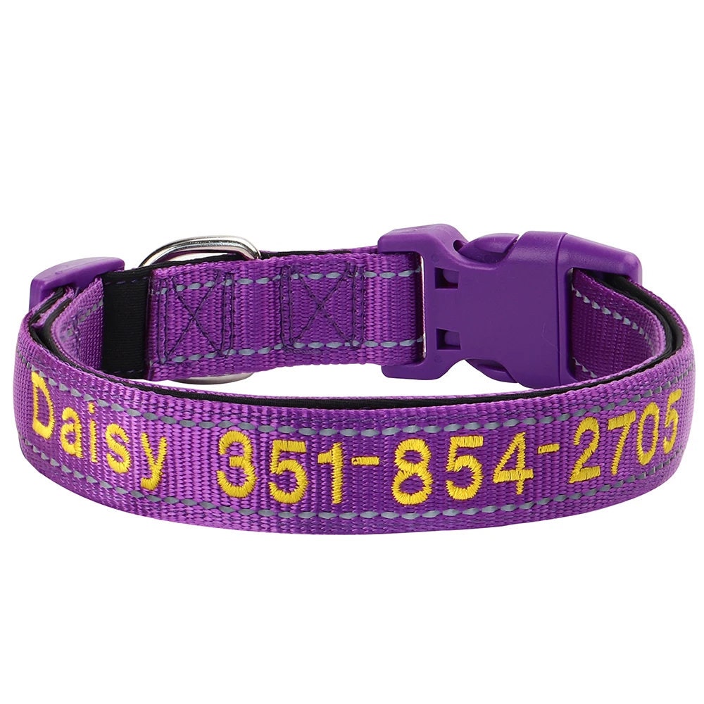 Personalised Reflective Dog Collar, Custom Embroidered Nylon Name for Small to Large Dog, Purple, Pink, Grey, Au, Us, Uk, Ca Fast Free Ship