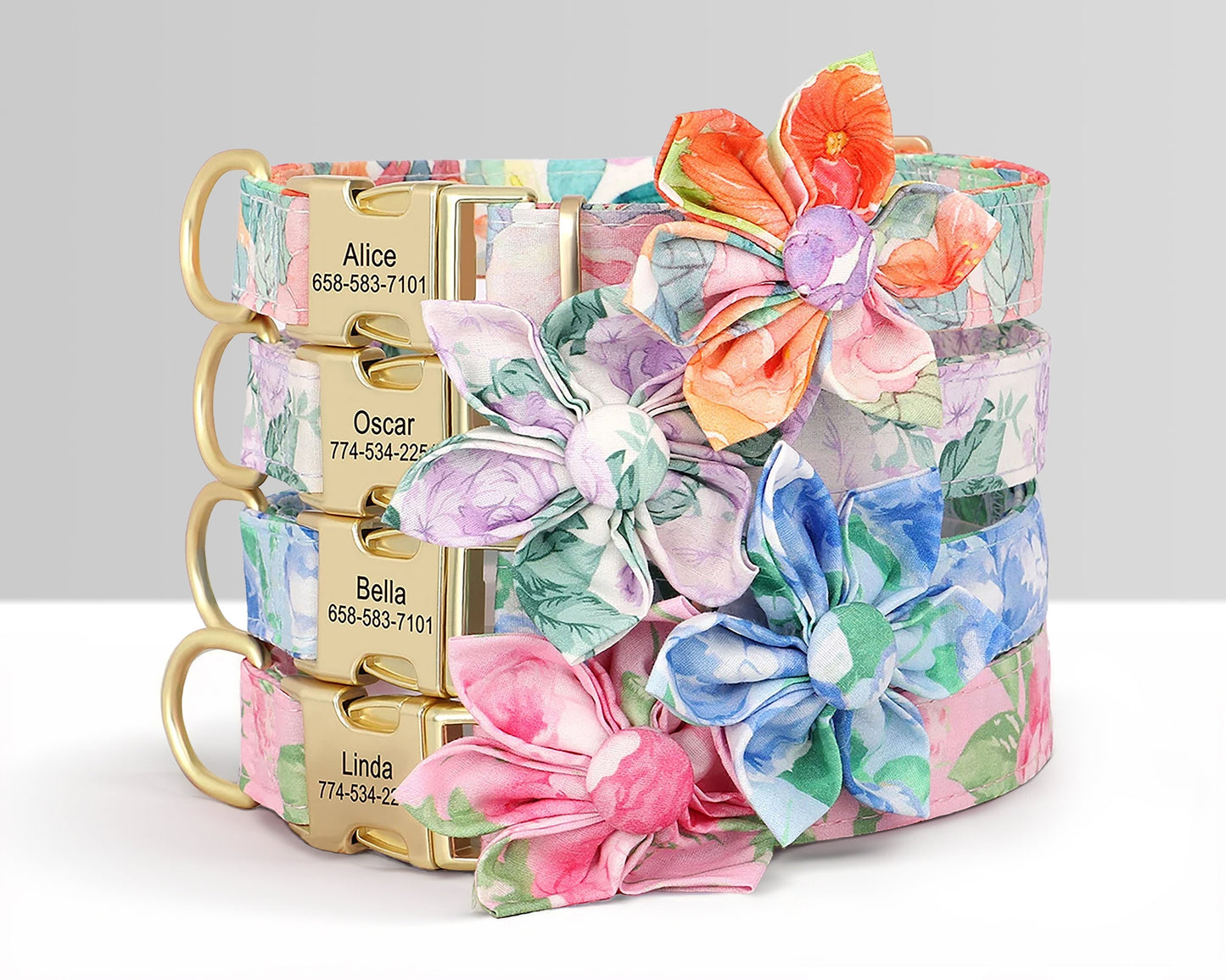 Personalised Dog Collar Set with Matching Flower in Purple, Pink, Orange, Blue and Floral Pattern