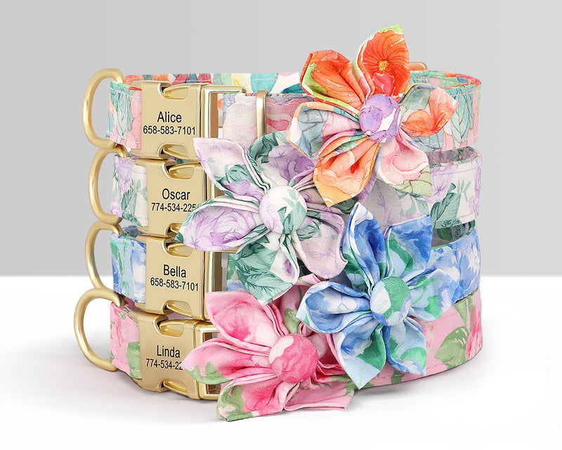 Personalized Engraved Handmade Dog Collar Set with Matching Flower in Purple, Pink, Orange, Blue and Floral Pattern