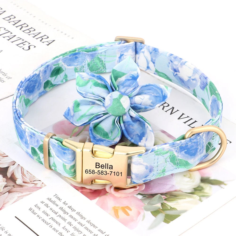 Personalised Dog Collar Set with Matching Flower in Purple, Pink, Orange, Blue and Floral Pattern