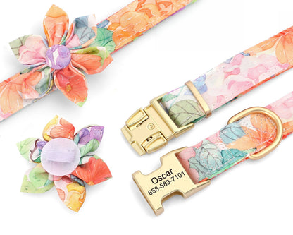 Personalised Dog Collar Set with Matching Flower in Purple, Pink, Orange, Blue and Floral Pattern