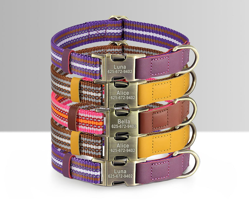 Personalized Dog Collar PU Leather Nylon in Brown, Pink, Purple and Colorful Stripes and Durable Design, Reflective Dog Collar
