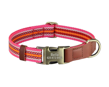 Personalised Dog Collar PU Leather Nylon in Brown, Pink, Purple and Colorful Stripes and Durable Design, Reflective Dog Collar