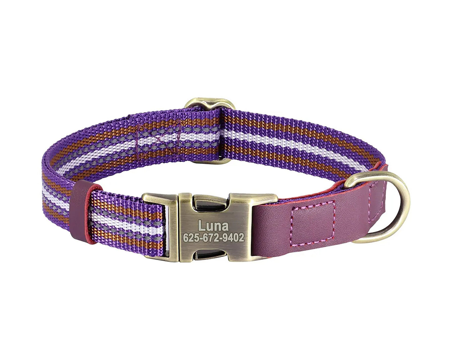 Personalised Dog Collar PU Leather Nylon in Brown, Pink, Purple and Colorful Stripes and Durable Design, Reflective Dog Collar