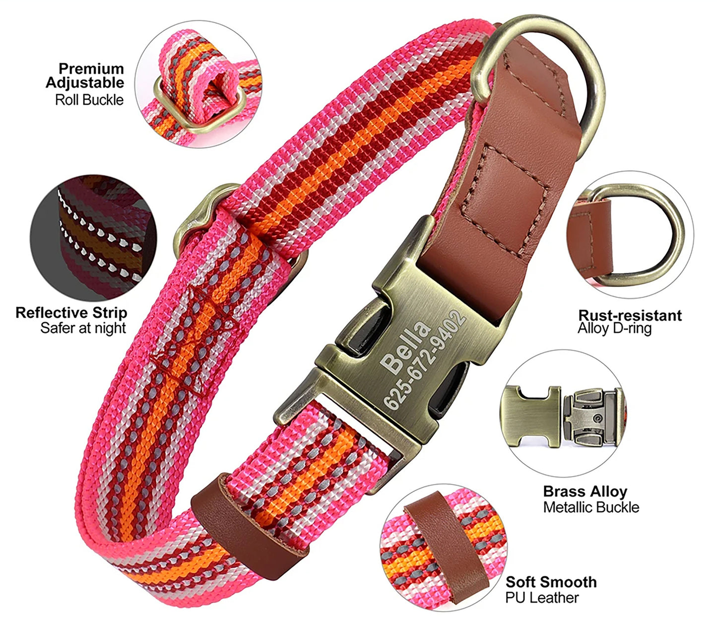 Personalised Dog Collar PU Leather Nylon in Brown, Pink, Purple and Colorful Stripes and Durable Design, Reflective Dog Collar