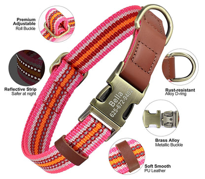 Personalised Dog Collar PU Leather Nylon in Brown, Pink, Purple and Colorful Stripes and Durable Design, Reflective Dog Collar