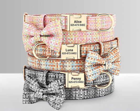 Personalised Plaid Dog Collar PU Leather with Dog Name Engraved, Dog Collar With Matching Bow Tie